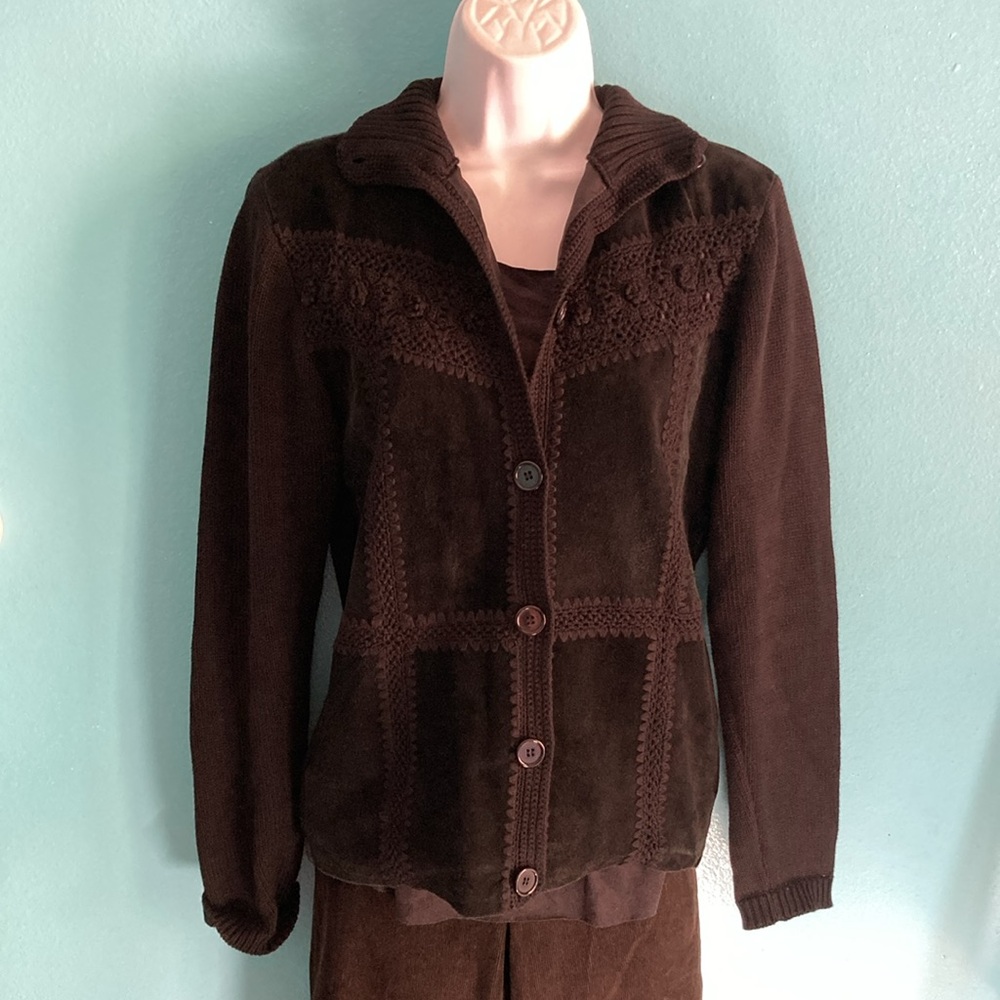Maurice Sasson Womens Size S Leather Paneled Sweater Black Knit Sleeves & Back